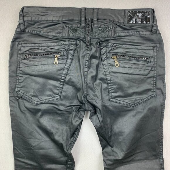 Robins Jean Men Pants 32x30 Black Studded Jeans Slim Fake Leather Motard Biker - Picture 13 of 16